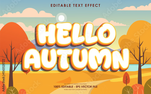Editable Hello Autumn 3D text effect with illustration of dry leaves