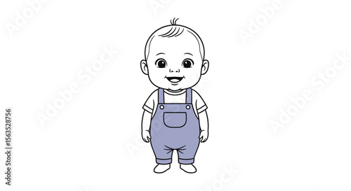 Adorable cartoon baby illustration wearing blue overalls and a t-shirt
