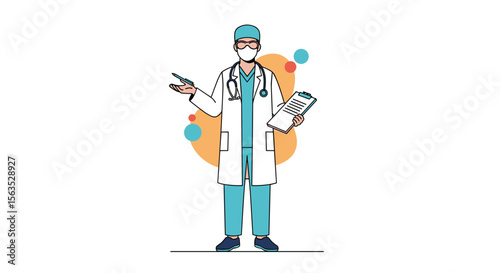 Professional medical doctor standing illustration with stethoscope and clipboard ready to provide expert healthcare advice