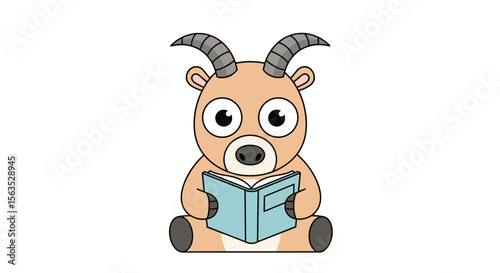 Adorable cartoon baby goat character sitting and reading a book enjoying knowledge and education