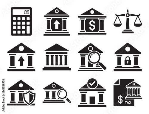 Bank and financial institution glyph icon set showing building services and banking operations like transaction savings investment tax and secure money storage