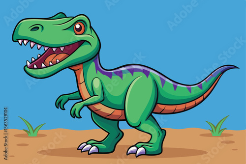 Cartoon Tyrannosaurus Rex Illustration with Green Scales and Purple Stripes
