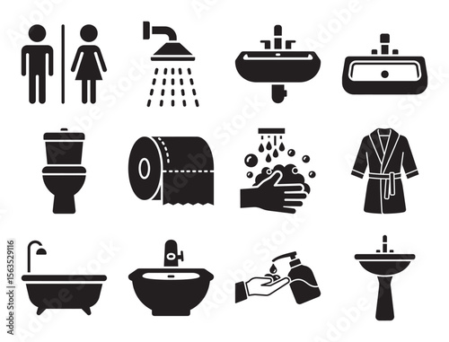 Bathroom and hygiene glyph icon collection for home and personal care showing toilet sink shower bathtub mirror and other essential sanitary accessories