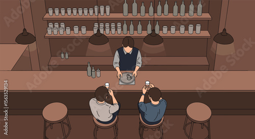 Cozy evening at the bar two friends enjoying drinks and conversation with bartender serving refreshments