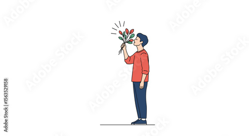 A person admiring a bouquet of vibrant red flowers with a joyful expression on their face