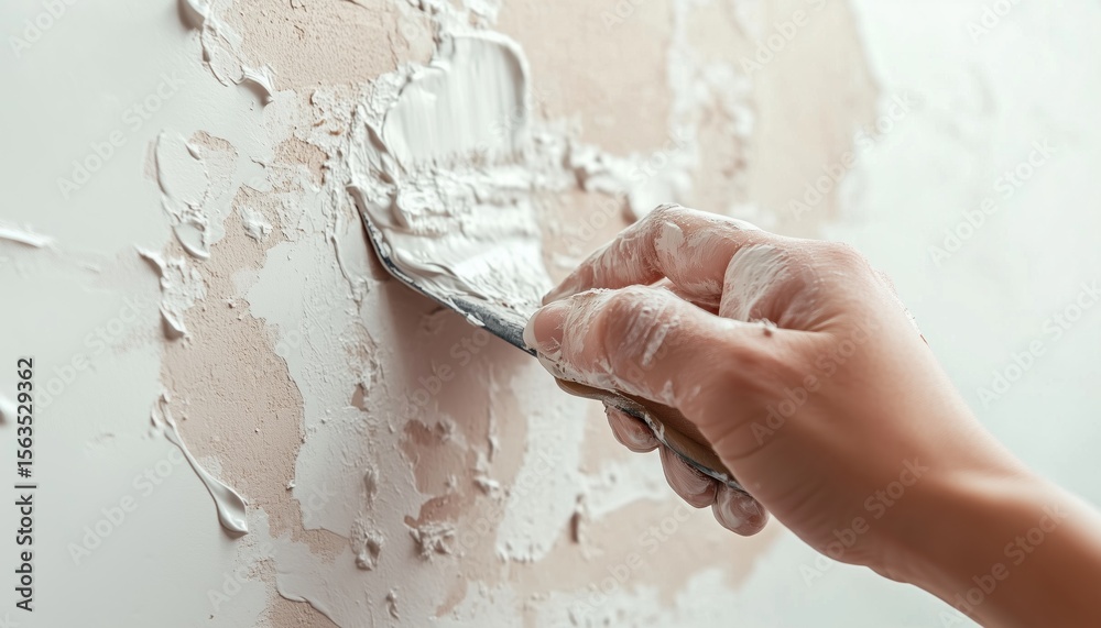 Fototapeta premium Removing Loose Paint And Plaster: Solving The Saltpeter On The Wall Issue With A Scraper For Creating A Smooth Surface