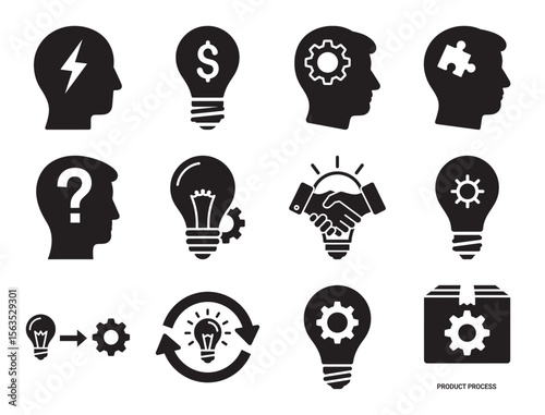 Brainstorming and idea generation glyph icon set for creative thinking process showing lamp head gear problem solving and teamwork for innovative solution