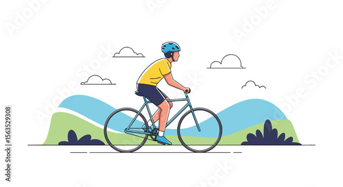 Man wearing helmet riding bicycle through green hills on sunny day enjoying outdoor activity