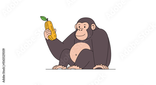 A curious chimpanzee enjoys a healthy snack of a ripe banana in a whimsical illustration