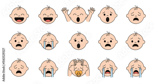 Collection of adorable baby facial expressions showing various emotions like happiness sadness and yawning