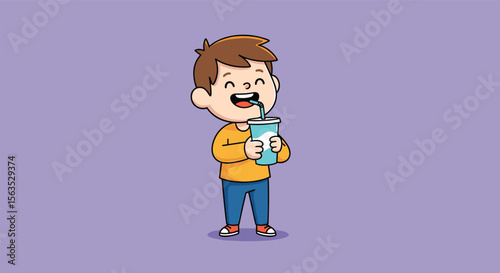 A happy youngster enjoying a refreshing beverage from a tall cup with a straw