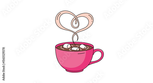A warm mug of chocolatey delight with marshmallows and a heart-shaped steam cloud