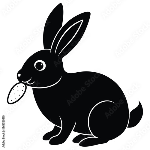 Cute black rabbit sitting and eating a carrot with a happy expression
