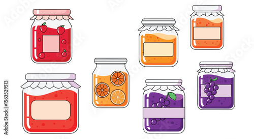 Collection of sweet fruit preserves in glass jars sweet spreads for breakfast and desserts