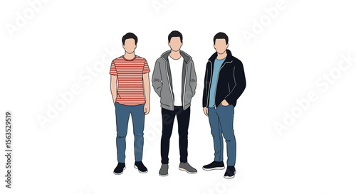 Three young men standing together wearing casual clothes and jackets for fashion or style