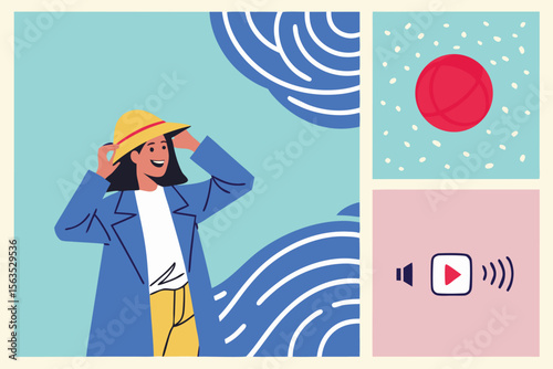 Happy Woman in a Straw Hat with Abstract Background
