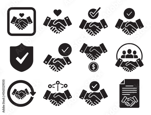 Business partnership and agreement glyph icon collection showing handshake deal contract and collaboration symbols for successful teamwork and corporate relations