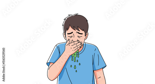 Illustrating the discomfort of sudden nausea and vomiting in a young person experiencing illness
