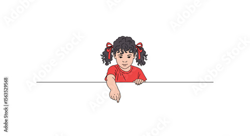 Young girl pointing down towards content below the white banner with red shirt and curly hair in pigtails