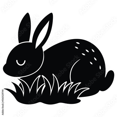 Stylized black silhouette of a cute bunny resting in grass with closed eyes