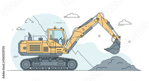 Heavy duty excavator machine digging dirt pile construction site industrial heavy equipment transportation load moving earthwork