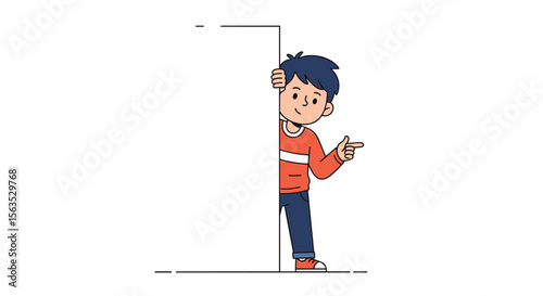 Curious boy peeking around a corner and pointing with a friendly smile