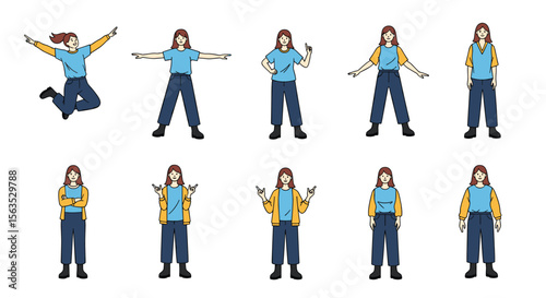 Young woman demonstrates various poses and hand gestures for animation or illustration projects