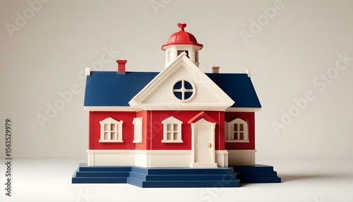 A vibrant miniature house with a red façade, blue roof, white-trimmed windows, and a domed tower—blending charm, symmetry, and playful design appeal.