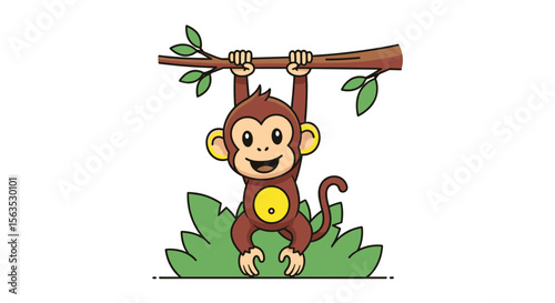 Adorable chimp swinging merrily from a branch in a lush jungle