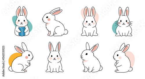 Charming collection of adorable white rabbits with distinct personalities and gentle expressions