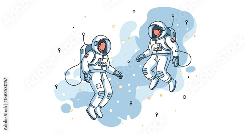 Two astronauts floating in space amidst clouds and stars exploring the cosmos together