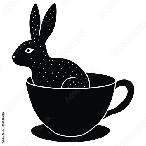 Whimsical black silhouette of a spotted rabbit sitting in a coffee cup