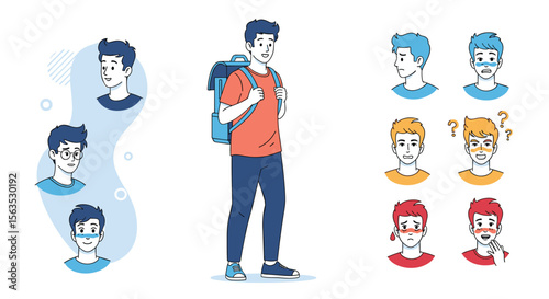 Young man expressing diverse emotions and inner thoughts while backpacking