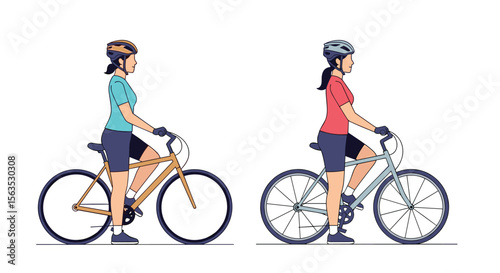 Two women cyclists prepared for outdoor bicycle rides with protective gear and athletic attire