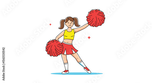 Young enthusiastic cheerleader with red pom-poms performing energetic routine
