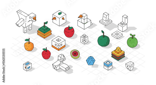 Isometric pixel art collection featuring diverse game assets and items for digital creativity