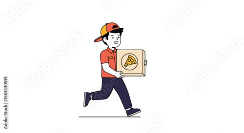 Happy person running with a hot pizza box delivering delicious food order fast and efficiently