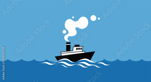 A small tugboat navigates calm blue waters with white waves producing steam