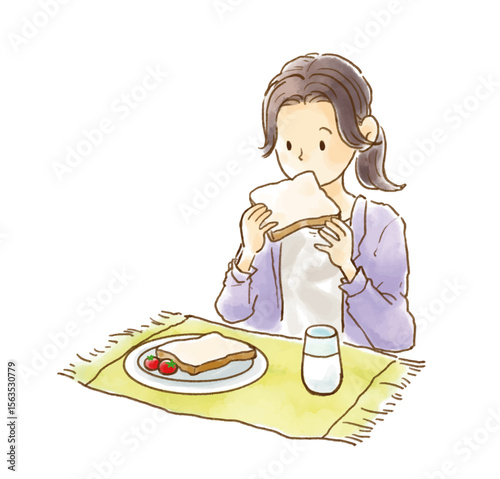 水彩風の朝食シーン（パンを食べる女性）