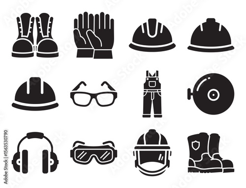 Construction safety and personal protective equipment glyph icon set for worker protection showing hard hat gloves boots glasses and other safety gear