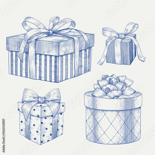 Set of vector vintage holiday gift boxes. Outline blue on beige. Hand drawn illustration, engraved graphic elements for holiday decor design, greeting card, new year decoration, birthday. Monochrome
