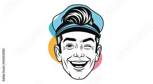 Retro style man winking and smiling wearing a cap with colorful circles background