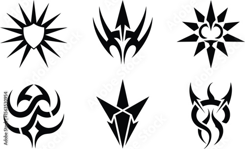 A set of six sharp and aggressive tribal silhouette vector designs, featuring arrows, spikes, and abstract shield-like symbols.