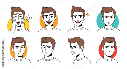 Collection of diverse male face expressions showing different emotions and feelings clearly illustrated