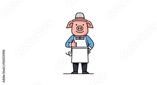 Friendly cartoon pig chef giving a thumbs up wearing a hat and apron with a white sign
