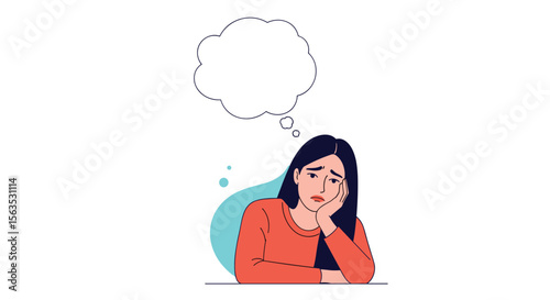 Woman sits with hand on chin thinking with a blank thought bubble above her head