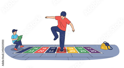 Children enjoying an outdoor hopscotch game on a sunny day