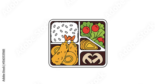 Delicious bento box lunch meal with fried shrimp salad and vegetables