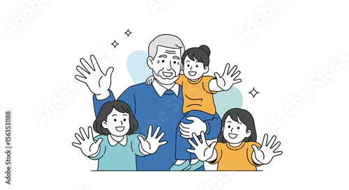 Happy grandfather holding his beloved grandchildren waving hello together with joyful expressions