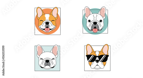 Cute french bulldog portraits with stylish accessories and whimsical designs perfect for pet lovers